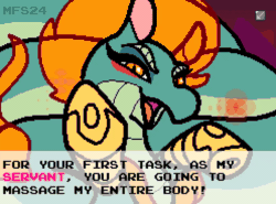 Size: 1240x920 | Tagged: safe, artist:matchesdraco, imported from derpibooru, dragon, hybrid, longma, them's fightin' herds, 2024, animated, community related, dialogue, female, huoshan, looking at you, mane of fire, signature, solo, talking, talking to viewer, the empress (tfh)