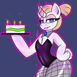 Size: 1918x1921 | Tagged: safe, artist:askhypnoswirl, imported from derpibooru, oc, oc only, oc:decora, changeling, birthday cake, bunny suit, cake, changeling oc, clothes, eyelashes, female, fishnet clothing, fishnets, food, legwear, looking at you, ponytail, smiling, solo, stockings, thigh highs