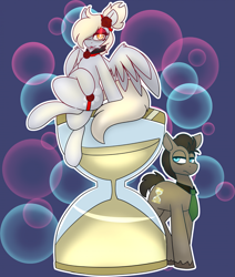 Size: 1769x2083 | Tagged: safe, artist:askhypnoswirl, imported from derpibooru, derpy hooves, doctor whooves, time turner, earth pony, pegasus, bubble, flower, flower in hair, hourglass