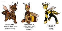 Size: 6500x3250 | Tagged: safe, artist:ashel_aras, imported from derpibooru, bee, beeling, changeling, insect, waspling, meme, proboscis, simple background, sketch, text, trio, white background, yellow changeling