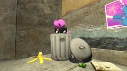 Size: 1280x720 | Tagged: safe, artist:dragonboi471, imported from derpibooru, oc, oc only, oc:pinkie tai, pony, 3d, banana peel, gmod, newspaper, solo, trash can