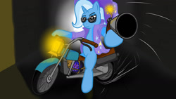 Size: 1280x720 | Tagged: safe, artist:higvern, derpibooru exclusive, imported from derpibooru, trixie, pony, unicorn, female, gun, horn, mare, motorcycle, solo, sunglasses, weapon