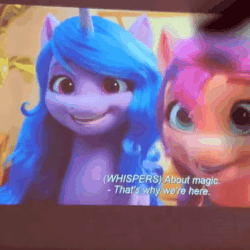 Size: 720x720 | Tagged: safe, imported from derpibooru, photographer:l211apony, screencap, izzy moonbow, sunny starscout, zipp storm, earth pony, pegasus, pony, unicorn, animated, boop, cinema, female, g5, horn, irl, mare, my little pony: a new generation, no sound, noseboop, petting, photo, prison, projector, subtitles, theater, trio, trio female, webm