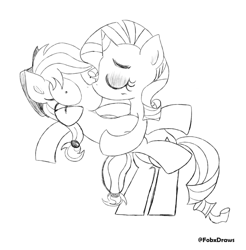 Size: 2372x2412 | Tagged: safe, imported from derpibooru, applejack, rarity, earth pony, unicorn, female, grayscale, horn, kiss on the lips, kissing, lesbian, mare, monochrome, pinpoint eyes, rarijack, shipping, surprised