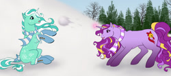 Size: 1205x541 | Tagged: safe, artist:uppun, imported from derpibooru, oc, oc only, oc:jingle bell, oc:shivers, pony, unicorn, clothes, female, g3, horn, mare, quadrupedal, scarf, snow, snowball