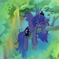 Size: 2100x2100 | Tagged: safe, artist:krista-21, imported from derpibooru, princess luna, alicorn, pony, crown, cute, eyes closed, female, forest, horn, in a tree, jewelry, leaf, lunabetes, lying down, mare, nature, onomatopoeia, outdoors, regalia, sleeping, smiling, solo, sound effects, spread wings, tree, wings, zzz