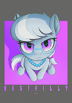 Size: 1600x2263 | Tagged: safe, artist:darkdoomer, silver spoon, earth pony, foal, glasses, gray background, grumpy, looking up, purple background, purple eyes, simple background, solo