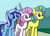 Size: 666x475 | Tagged: safe, artist:backgroundmares, imported from derpibooru, lemon hearts, minuette, twinkleshine, pony, unicorn, friendship is magic, female, horn, mare, my little pony, open mouth, open smile, outdoors, present, smiling, trio, trio female, unicorn only