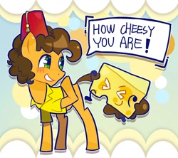 Size: 1500x1332 | Tagged: safe, artist:rlabbiy, imported from derpibooru, cheese sandwich, earth pony, pony, ><, abstract background, blushing, cheese, eyes closed, fez, food, full body, grin, hat, male, pun, smiling, speech bubble, stallion, text