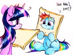 Size: 2434x1799 | Tagged: safe, artist:liaaqila, imported from derpibooru, rainbow dash, twilight sparkle, alicorn, pegasus, pony, bread, cat breading, chest fluff, commission, cute, dashabetes, dialogue, duo, duo female, female, food, high res, question mark, simple background, sliced bread, twilight sparkle (alicorn), white background