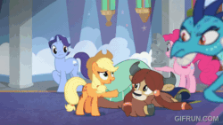 Size: 520x293 | Tagged: safe, imported from derpibooru, screencap, applejack, november rain, pinkie pie, princess ember, smolder, yona, school daze, animated, friendship student, my little pony