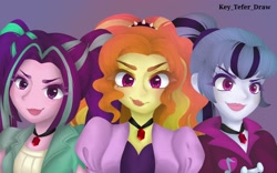 Size: 1920x1200 | Tagged: safe, artist:key_tefer_draw, imported from derpibooru, adagio dazzle, aria blaze, sonata dusk, equestria girls, female, gem, gradient background, long hair, looking at you, my little pony equestria girls: rainbow rocks, ponytail, siren gem, smiling, smiling at you, the dazzlings