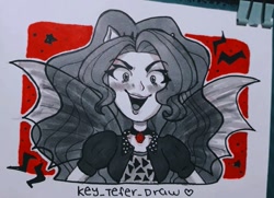 Size: 1080x782 | Tagged: safe, artist:key_tefer_draw, imported from derpibooru, adagio dazzle, siren, equestria girls, blushing, female, gem, long hair, looking at you, passepartout, pencil drawing, siren gem, siren wings, smiling, smiling at you, solo, traditional art