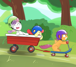Size: 2000x1763 | Tagged: safe, artist:kamagi, imported from derpibooru, apple bloom, scootaloo, sweetie belle, earth pony, pegasus, unicorn, blank flank, cart, cutie mark crusaders, female, filly, foal, forest, helmet, horn, nature, scooter, tree, trio, trio female