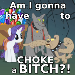 Size: 630x630 | Tagged: safe, edit, edited screencap, imported from derpibooru, screencap, rarity, rover, spot, diamond dog, unicorn, a dog and pony show, female, horn, male, meme, my little pony, text, vulgar