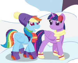 Size: 2336x1901 | Tagged: safe, artist:sparkly-retsuko, imported from derpibooru, rainbow dash, twilight sparkle, alicorn, pegasus, pony, clothes, duo, duo female, female, looking at someone, mare, quadrupedal, scarf, smiling, smiling at someone, snow, twilight sparkle (alicorn)