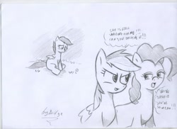 Size: 3509x2550 | Tagged: safe, artist:vd-dv, imported from derpibooru, pinkie pie, rainbow dash, scootaloo, earth pony, pegasus, monochrome, rainbow douche