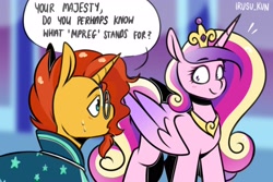 Size: 3000x2000 | Tagged: safe, artist:lrusu, imported from derpibooru, princess cadance, sunburst, alicorn, pony, unicorn, blushing, dialogue, duo, female, glasses, horn, implied male pregnancy, jewelry, looking at someone, male, mare, peytral, regalia, smiling, smiling at someone, speech bubble, stallion, sweat