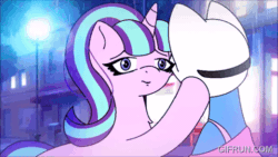 Size: 520x293 | Tagged: safe, artist:tamers12345, imported from derpibooru, starlight glimmer, oc, oc:marionette lulamoon, pony, unicorn, video:my little pony flawless farts open a portal to another dimension, animated, gif, glimmerette, horn, rain