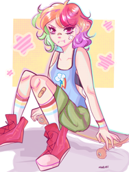 Size: 1536x2048 | Tagged: safe, artist:namieart, imported from derpibooru, rainbow dash, human, band-aid on nose, bandaid, clothes, converse, ear piercing, female, human coloration, humanized, light skin, lip piercing, looking at you, passepartout, piercing, shoes, sitting, skateboard, smiling, smiling at you, snake bites, solo