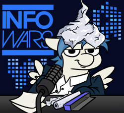 Size: 674x614 | Tagged: safe, artist:jargon scott, imported from derpibooru, oc, oc only, pegasus, pony, alex jones, female, hat, infowars, lidded eyes, looking at you, mare, microphone, smiling, smiling at you, solo, spread wings, squatpony, tinfoil hat, wings