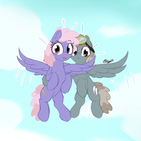 Size: 3245x3245 | Tagged: safe, artist:ricy, dust devil, rainbowshine, pegasus, pony, cloud, featured image, female, flying, goggles, goggles on head, looking at you, mare, open mouth, sky, smiling, wings