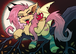 Size: 3508x2480 | Tagged: safe, artist:kotya, imported from derpibooru, fluttershy, bat pony, pony, apple, breasts, clothes, delicious flat chest, flattershy, food, socks, striped socks, tree branch