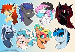 Size: 2048x1431 | Tagged: safe, artist:_candypone_, imported from derpibooru, oc, oc only, oc:adalan, oc:helios aster, oc:solar gizmo, bat pony, pony, unicorn, bat pony oc, bat wings, bow, bust, chest fluff, ear piercing, earring, fangs, female, gradient background, hair bow, hairband, horn, jewelry, male, mare, piercing, portrait, sketch, stallion, unicorn oc, wings