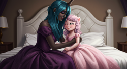 Size: 1408x768 | Tagged: safe, imported from twibooru, queen chrysalis, sweetie belle, anthro, human, equestria girls, ai content, bed, clothes, cute, daaaaaaaaaaaw, diasweetes, dress, duo, ear piercing, earring, eyes closed, eyeshadow, female, gown, hairband, hug, image, jewelry, makeup, mommy chrissy, mother and child, mother and daughter, one eye closed, piercing, png, sitting, smiling at each other