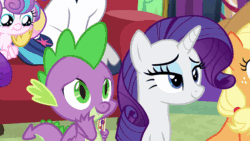 Size: 800x450 | Tagged: safe, artist:georgegarza01, edit, edited screencap, imported from derpibooru, screencap, applejack, princess cadance, princess flurry heart, rarity, shining armor, spike, alicorn, dragon, earth pony, pony, unicorn, age difference, animated, arm around neck, character swap, cheek squish, couch, cute, daaaaaaaaaaaw, eyes closed, female, folded wings, g4, gif, guitar, hand on neck, holding a dragon, holding a pony, holding a spike, hoof around neck, hoof on neck, horn, hug, indoors, looking at each other, looking at someone, love, male, musical instrument, my little pony, my little pony best gift ever, nuzzling, offscreen character, offscreen female, offscreen male, raribetes, recreation, rubbing cheeks, ship:sparity, shipping, show accurate, sitting, smiling, smiling at each other, sparity, spikabetes, spikelove, squishy cheeks, straight, twilight's castle, winged spike, wings