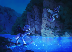Size: 5517x4000 | Tagged: safe, artist:koviry, imported from derpibooru, oc, oc only, oc:dacratei, oc:silver lightning, bat pony, pegasus, pony, beautiful, butterfly net, cliff, cute, detailed background, duo, female, flying, male, mare, night, river, rock, stallion, water