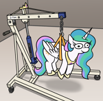 Size: 1068x1047 | Tagged: safe, artist:jargon scott, imported from derpibooru, princess celestia, alicorn, pony, commission, cute, engine hoist, female, harness, indoors, majestic as fuck, mare, no thoughts head empty, smiling, solo, suspended, tack, woonoggles, ych result