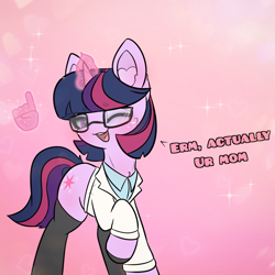 Size: 2160x2160 | Tagged: safe, artist:sodapop sprays, imported from derpibooru, sci-twi, twilight sparkle, pony, unicorn, adorkable, clothes, cute, dork, ear fluff, glasses, hand, horn, lab coat, legwear, magic, meme, solo, stockings, thigh highs