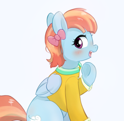 Size: 1444x1418 | Tagged: safe, artist:kamagi, imported from derpibooru, windy whistles, pegasus, pony, alternate hairstyle, clothes, female, mare, open mouth, raised hoof, ribbon, smiling, solo
