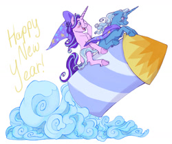 Size: 1280x1072 | Tagged: safe, artist:universalheart, imported from derpibooru, starlight glimmer, trixie, pony, unicorn, cape, clothes, duo, guardians of harmony, hat, horn, rocket, simple background, toy, toy interpretation, trixie's cape, trixie's hat, trixie's rocket, white background