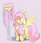 Size: 1296x1363 | Tagged: safe, artist:silver fox, fluttershy, pegasus, chest fluff, exclamation point, female, floppy ears, fluttermop, gray background, mare, mop, motion lines, open mouth, pegasus wings, question mark, simple background, solo, spread wings, trembling, wings