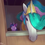 Size: 2000x2000 | Tagged: safe, artist:pyropk, imported from derpibooru, princess celestia, twilight sparkle, horse, unicorn, crown, duo, hoers, horn, jewelry, looking at you, ponified animal photo, regalia