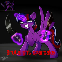 Size: 2000x2000 | Tagged: safe, artist:eniartuwu, imported from derpibooru, twilight sparkle, unicorn, elements of insanity, brutalight sparcake, evil eyes, evil grin, fanart, glowing, glowing horn, grin, horn, magic, narrowed eyes, purple body, purple eyes, purple hair, raised hoof, shrunken pupils, smiling, telekinesis, weapon