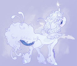 Size: 2048x1766 | Tagged: safe, artist:bishopony, imported from derpibooru, oc, oc only, changeling, changepony, hybrid, blush scribble, blushing, changeling oc, floppy ears, fluffy tail, glowing, glowing horn, halftone, hoof heart, horn, hybrid wings, nose in the air, solo, sparkles, spread wings, standing on two hooves, tail, underhoof, wings