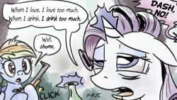 Size: 1200x675 | Tagged: safe, artist:pony-berserker, imported from derpibooru, rainbow dash, rarity, twilight sparkle, addiction, alcohol, alcoholism, drink, drunk, drunk rarity, gun, magic, oblivious, offscreen character, oh no, pony-berserker's twitter sketches, pony-berserker's twitter sketches (2025), rainbow dumb, rifle, telekinesis, this will end in death, this will end in tears, this will end in tears and/or death, weapon, yelling