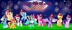 Size: 2115x895 | Tagged: safe, artist:lizzmcclin, imported from derpibooru, applejack, fluttershy, pinkie pie, rainbow dash, rarity, starlight glimmer, sunset shimmer, trixie, twilight sparkle, oc, oc:lizzy sparkle, alicorn, earth pony, pegasus, unicorn, 4th of july, american flag, female, fireworks, hat, holiday, horn, mane six, sparkler (firework), twilight sparkle (alicorn), united states