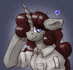 Size: 1327x1287 | Tagged: safe, artist:reddthebat, imported from derpibooru, oc, oc only, oc:violina (reddthebat), pony, unicorn, body freckles, bust, female, floppy ears, freckles, frog (hoof), hair over one eye, heart, horn, mare, scar, solo, underhoof