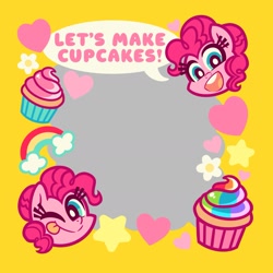 Size: 2397x2393 | Tagged: safe, artist:kyrakupetsky, imported from derpibooru, pinkie pie, earth pony, pony, cupcake, dialogue, female, food, looking at you, mare, one eye closed, open mouth, open smile, rainbow, smiling, smiling at you, speech bubble, tongue out, wink, winking at you