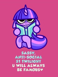 Size: 1536x2048 | Tagged: safe, artist:kyrakupetsky, imported from derpibooru, twilight sparkle, pony, unicorn, season 1, book, cute, female, floppy ears, frown, horn, looking at you, magenta background, mare, my little pony, sitting, solo, twiabetes, unicorn twilight