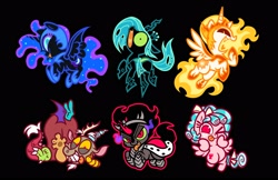 Size: 2550x1650 | Tagged: safe, artist:kyrakupetsky, imported from derpibooru, cozy glow, daybreaker, discord, king sombra, nightmare moon, queen chrysalis, alicorn, changeling, changeling queen, draconequus, pegasus, pony, unicorn, black background, female, filly, foal, forked tongue, grin, hooves on cheeks, horn, looking at you, male, mare, one eye closed, open mouth, simple background, smiling, smiling at you, stallion, tongue out, wink, winking at you