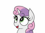 Size: 888x666 | Tagged: safe, alternate version, artist:vomitvomiting, imported from derpibooru, sweetie belle, pony, animated, female, filly, foal, gif, looking up, open mouth, open smile, rainbowshining, simple background, smiling, solo, white background