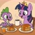 Size: 2400x2400 | Tagged: safe, artist:tere35, imported from derpibooru, spike, twilight sparkle, twilight sparkle (alicorn), alicorn, dragon, pony, breakfast, chair, coffee, coffee cup, crown, cup, drink, drinking glass, duo, duo male and female, female, folded wings, food, fork, g4, glass, high res, hoof hold, indoors, jewelry, juice, male, mare, open mouth, orange juice, pancakes, regalia, saucer, sitting, smiling, syrup, table, wingless spike, wings
