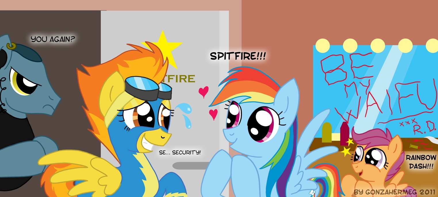 8638 - safe, rainbow dash, scootaloo, spitfire, female, pony, oc, mare,  clothes, male, pegasus, stallion, filly, goggles, uniform, wonderbolts  uniform, scootalove, waifu, earbuds, stalker, dressing room,  artist:gonzahermeg - Ponerpics