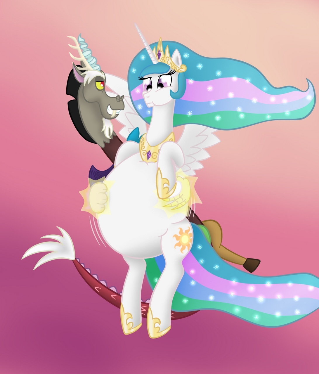 441538 - safe, princess celestia, discord, female, male, shipping,  straight, magic, belly, fat, big belly, inflation, chubby cheeks,  dislestia, chubbylestia, artist:8aerondight8, swollen - Ponerpics