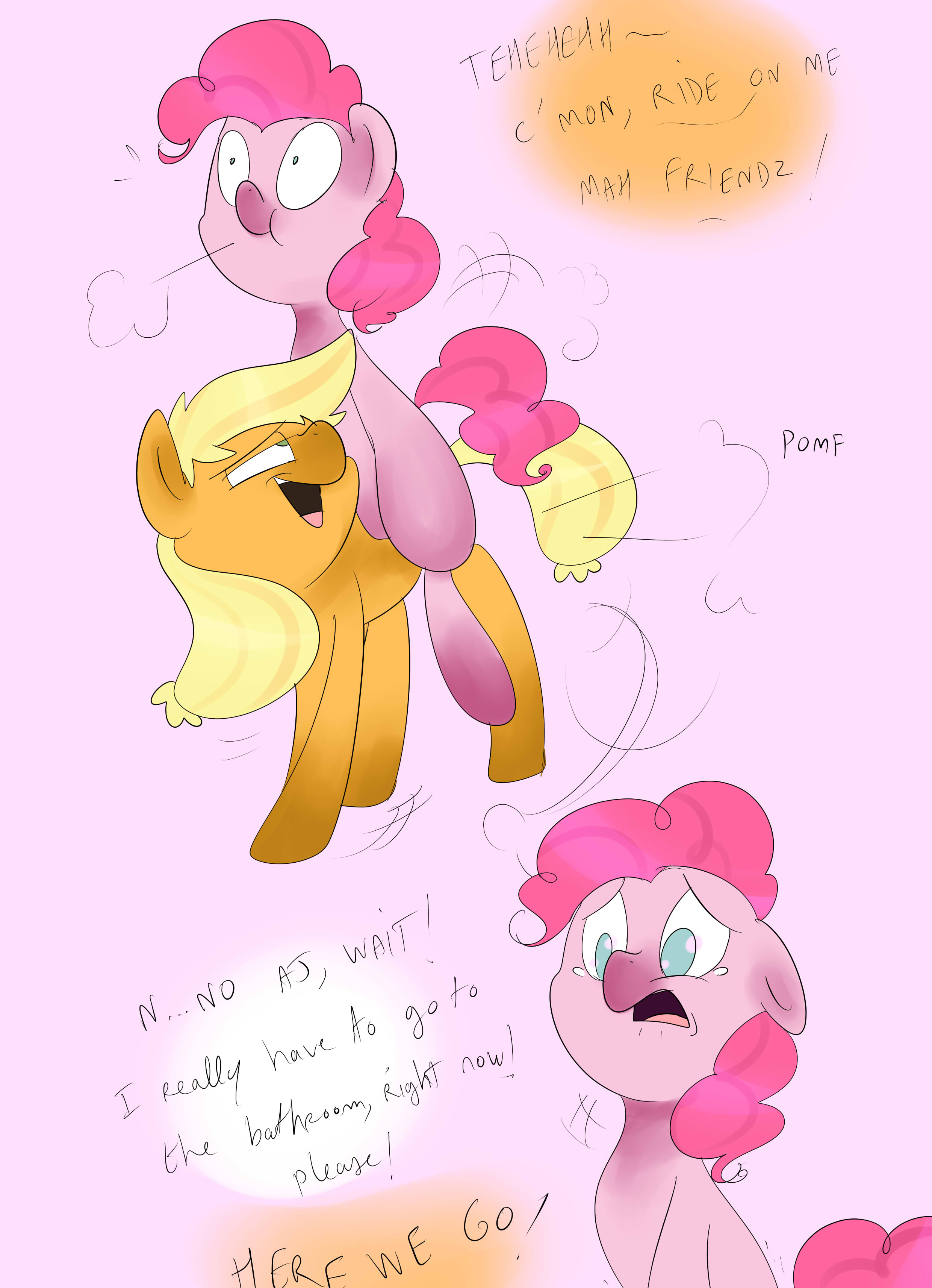 465766 - safe, pinkie pie, applejack, comic, drunk, potty time, need to pee,  omorashi, desperation, potty emergency, trotting in place, potty dance,  drunk aj, drunkie pie, artist:theponybox696 - Ponerpics